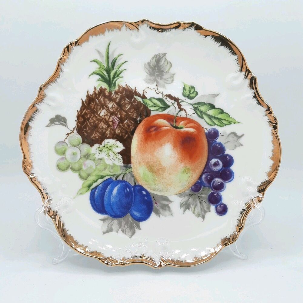 Antique Hand-Painted Colorful Fruit Design Gold Trim Wall Plate Porcelain
